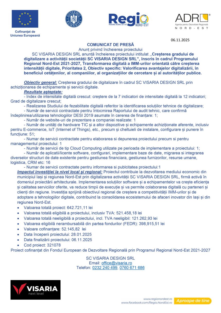 Comunicat presă VISARIA - Comunicat de presă SC VISARIA DESIGN SRL