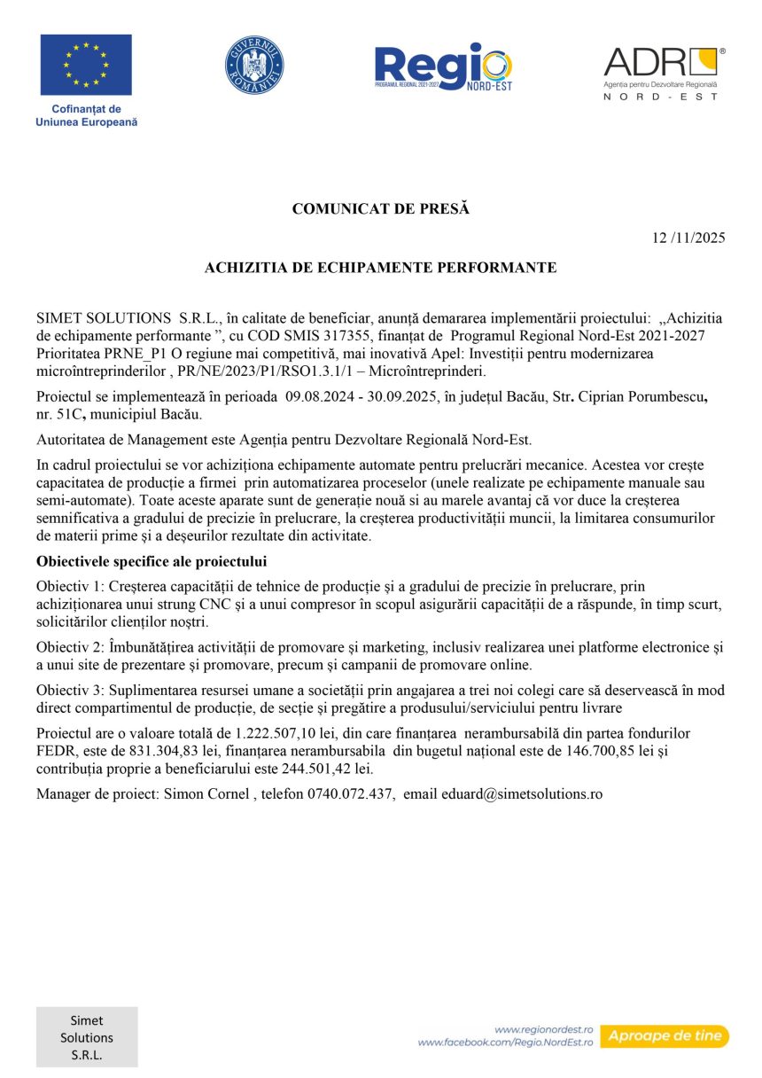 Comunicat presă SIMET - Comunicat de presă SIMET SOLUTIONS S.R.L.