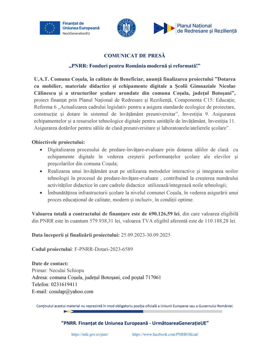 U.A.T. Comuna Coșula - Comunicat de presă U.A.T. Comuna Coșula