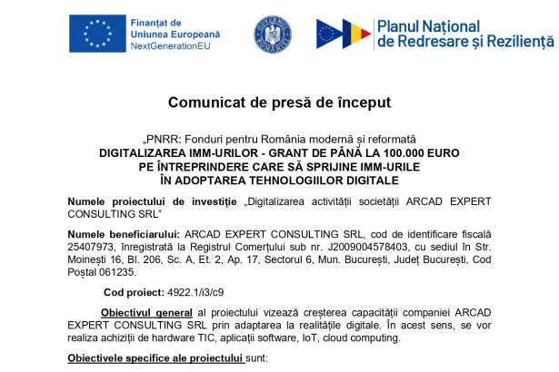 Comunicat presă început - Comunicat de presă de început ARCAD EXPERT CONSULTING SRL