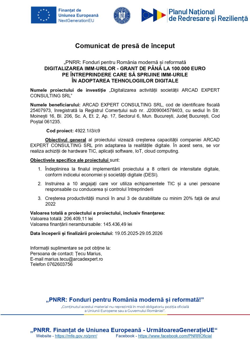 Comunicat presă început - Comunicat de presă de început ARCAD EXPERT CONSULTING SRL