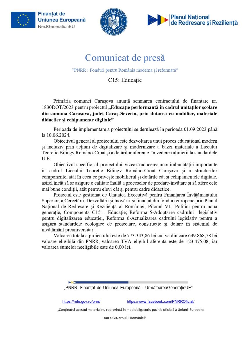 Comunicat presă UAT - Comunicat de presă UAT Comuna Carașova (2)
