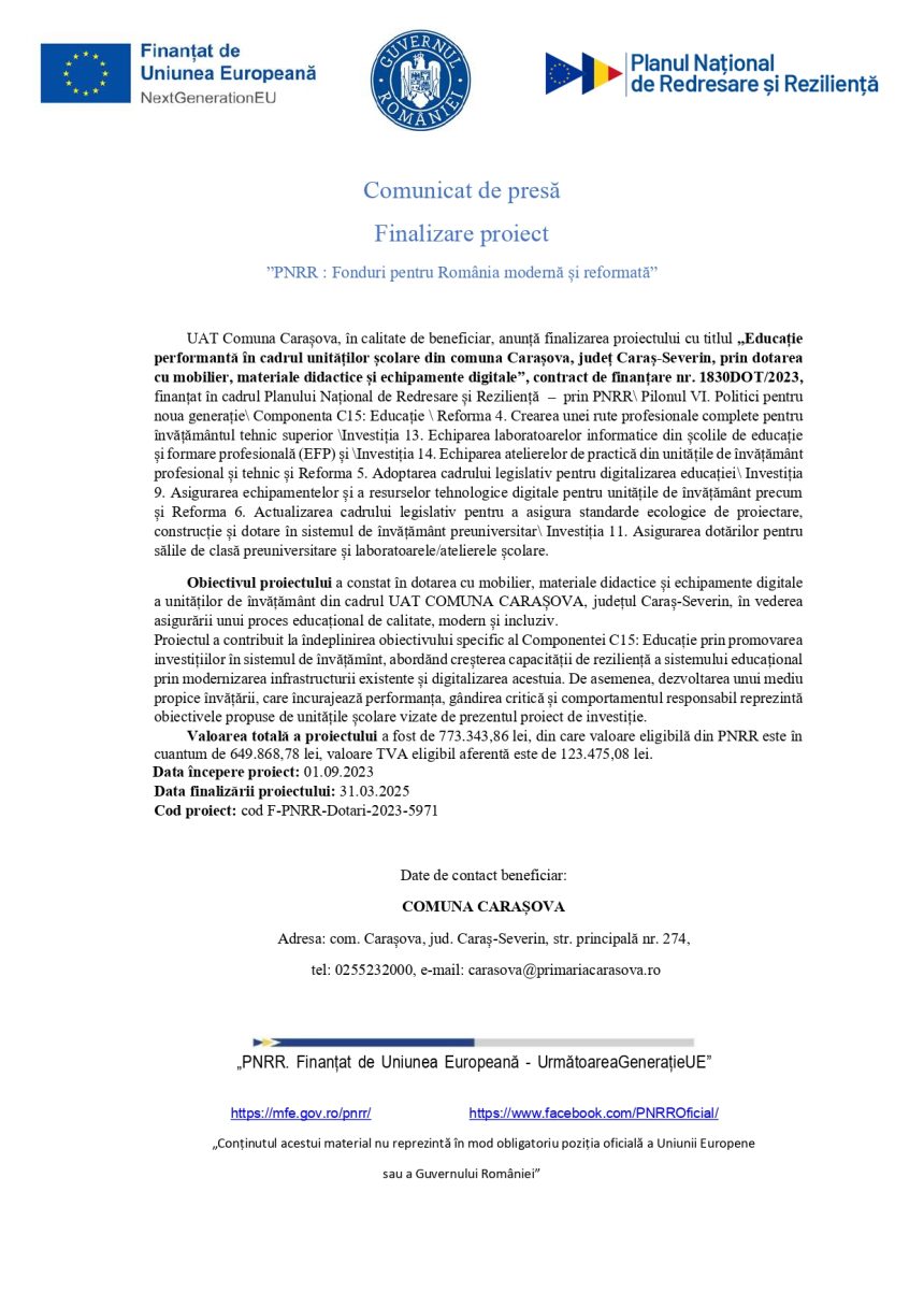 Comunicat presă UAT - Comunicat de presă UAT Comuna Carașova (1)