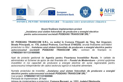 Anunț finalizare implementare - Anunț finalizare implementare proiect "Instalarea unui sistem fotovoltaic de producere a...