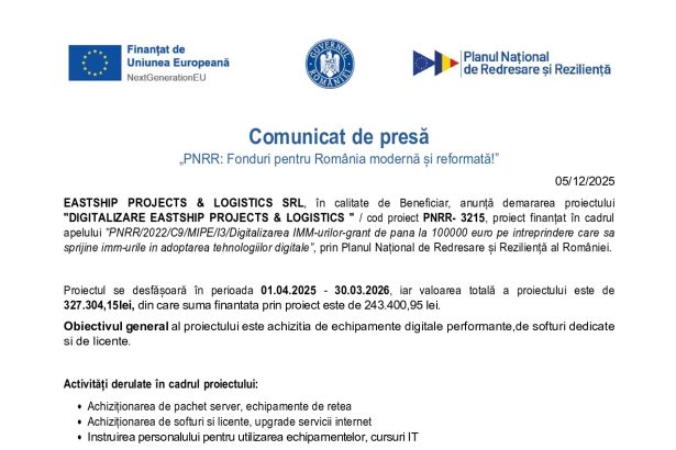 Comunicat presă EASTSHIP - Comunicat de presă EASTSHIP PROJECTS & LOGISTICS SRL