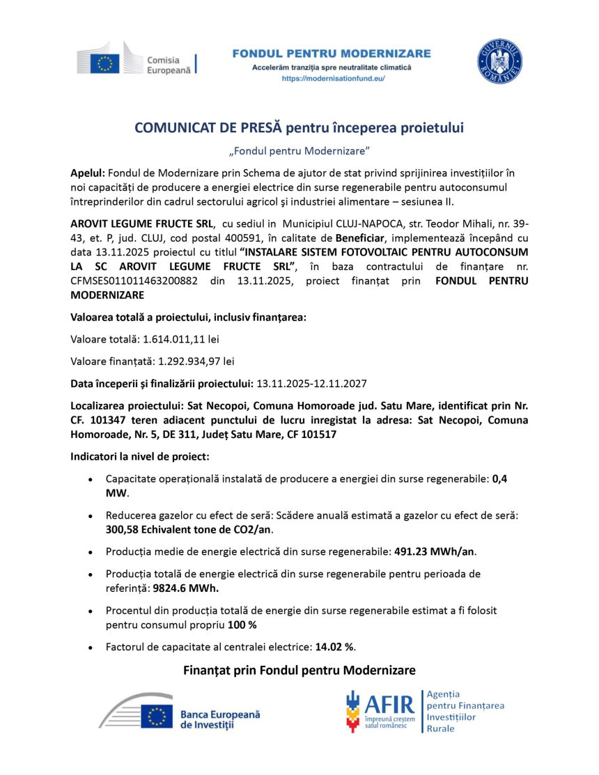 Comunicat presă AROVIT - Comunicat de presă AROVIT LEGUME FRUCTE SRL