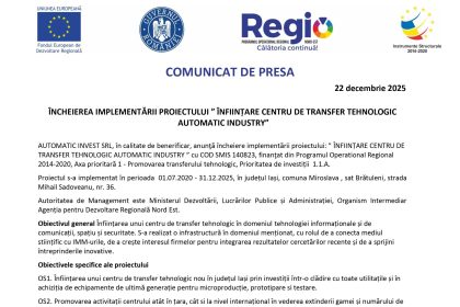 Comunicat presă AUTOMATIC - Comunicat de presă AUTOMATIC INVEST SRL