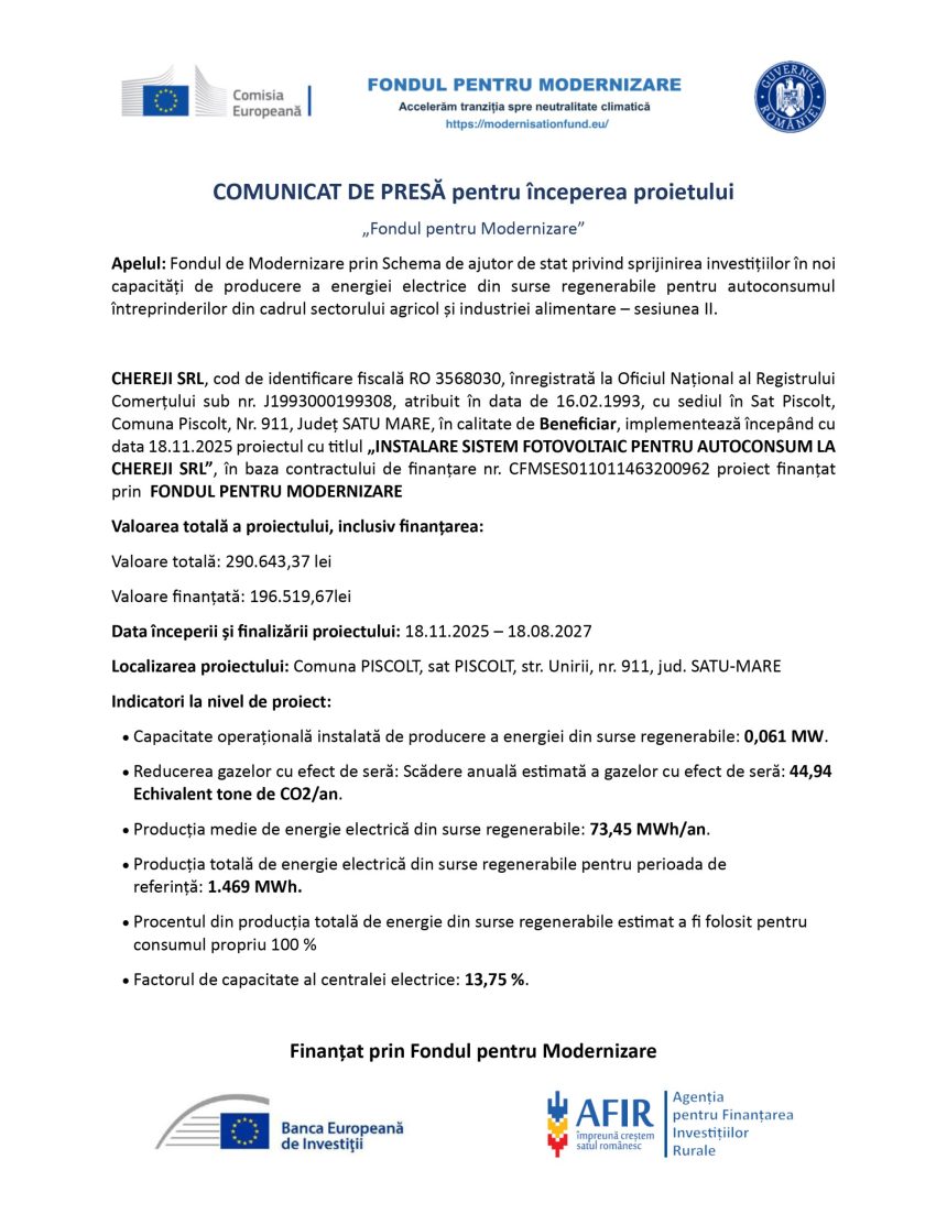 Comunicat presă CHEREJI - Comunicat de presă CHEREJI SRL