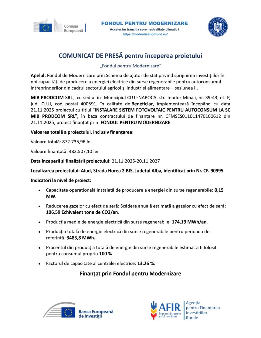 Comunicat presă MIB - Comunicat de presă MIB PRODCOM SRL