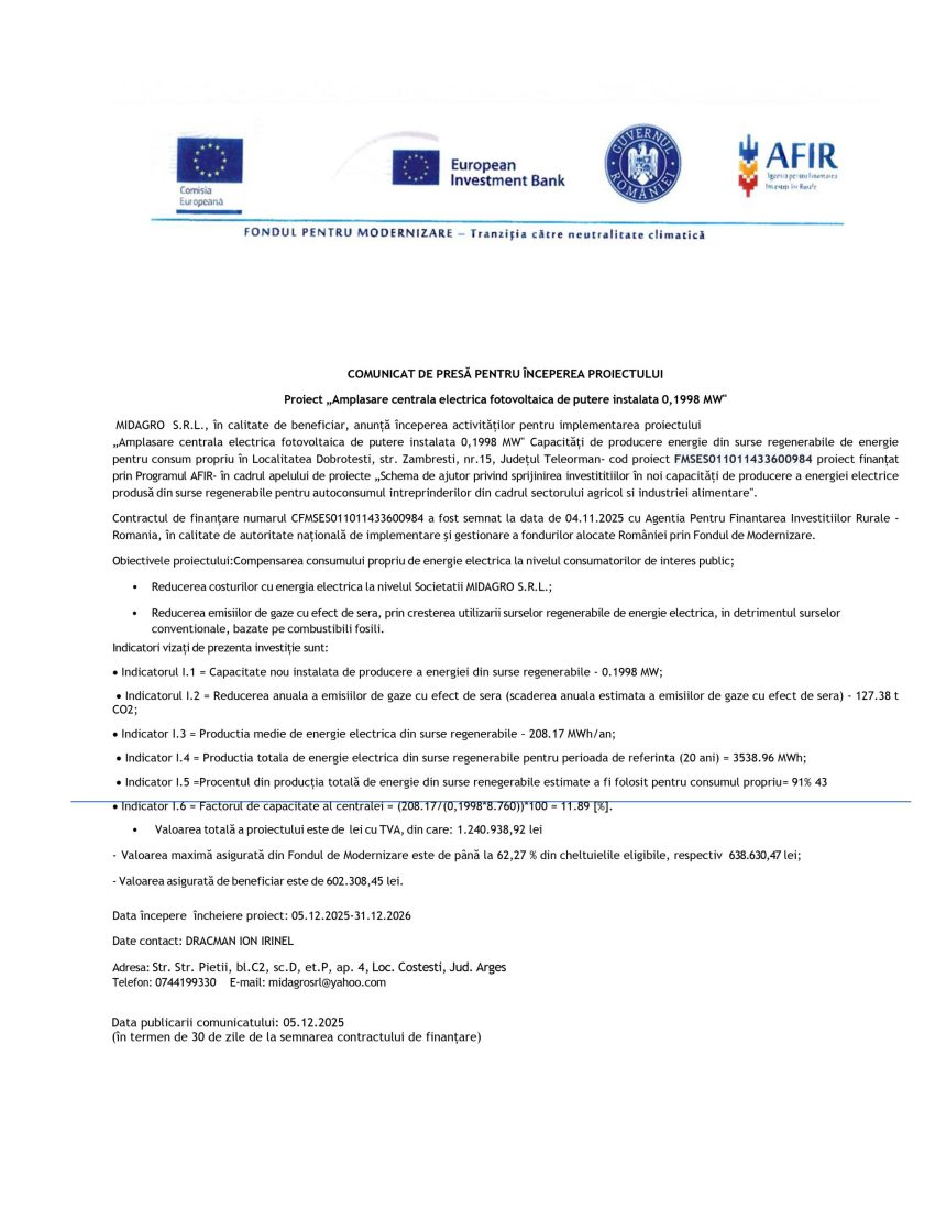 Comunicat presă MIDAGRO - Comunicat de presă MIDAGRO SRL