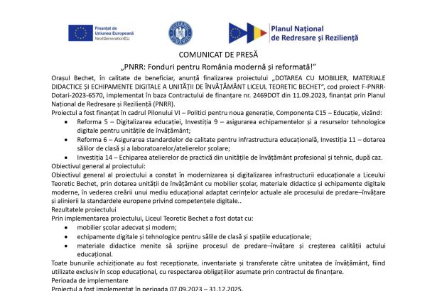 Comunicat presă Orașul - Comunicat de presă Orașul Bechet