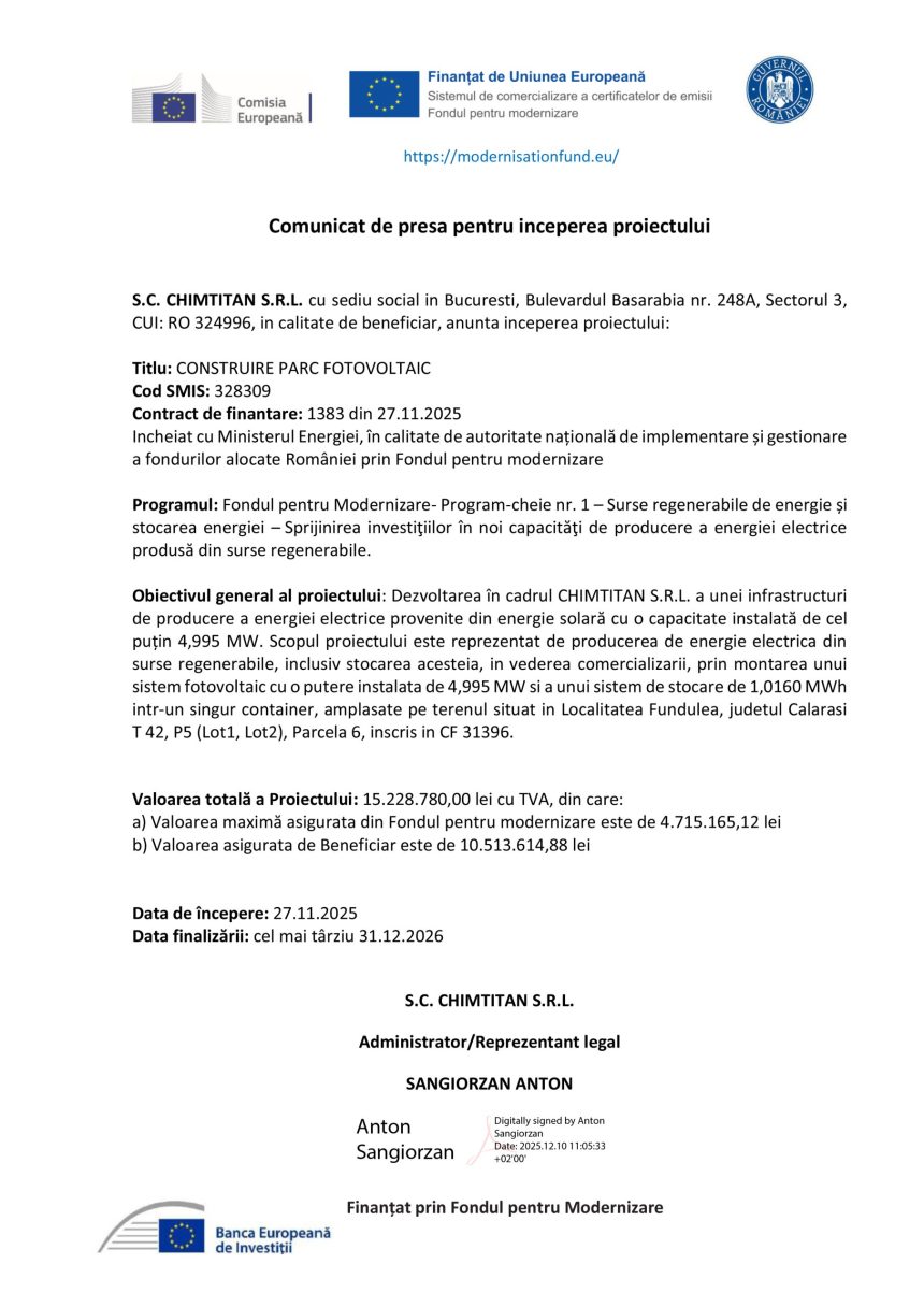 Comunicat presă S.C - Comunicat de presă S.C. CHIMTITAN S.R.L.