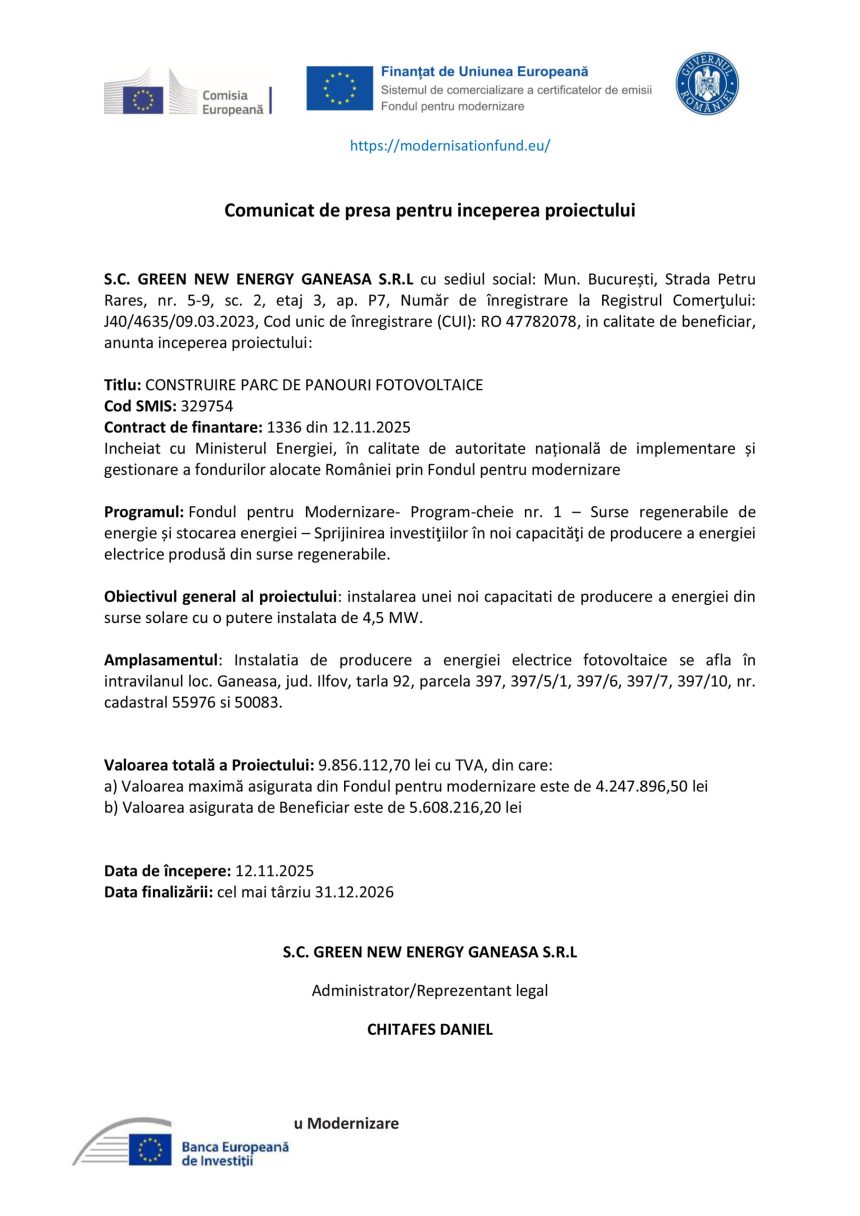 Comunicat presă S.C - Comunicat de presă S.C. GREEN NEW ENERGY GANEASA S.R.L