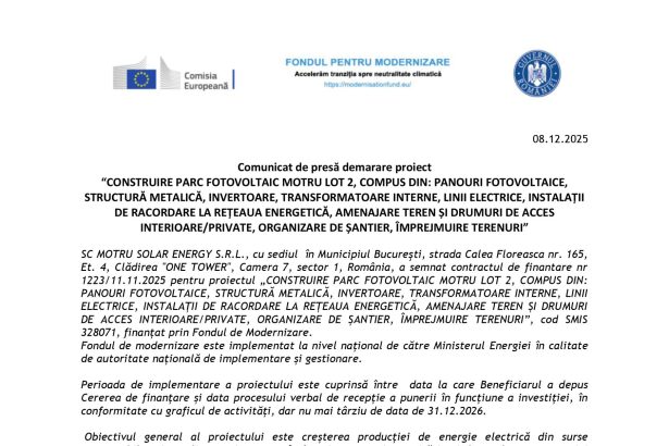 Comunicat presă MOTRU - Comunicat de presă SC MOTRU SOLAR ENERGY S.R.L.