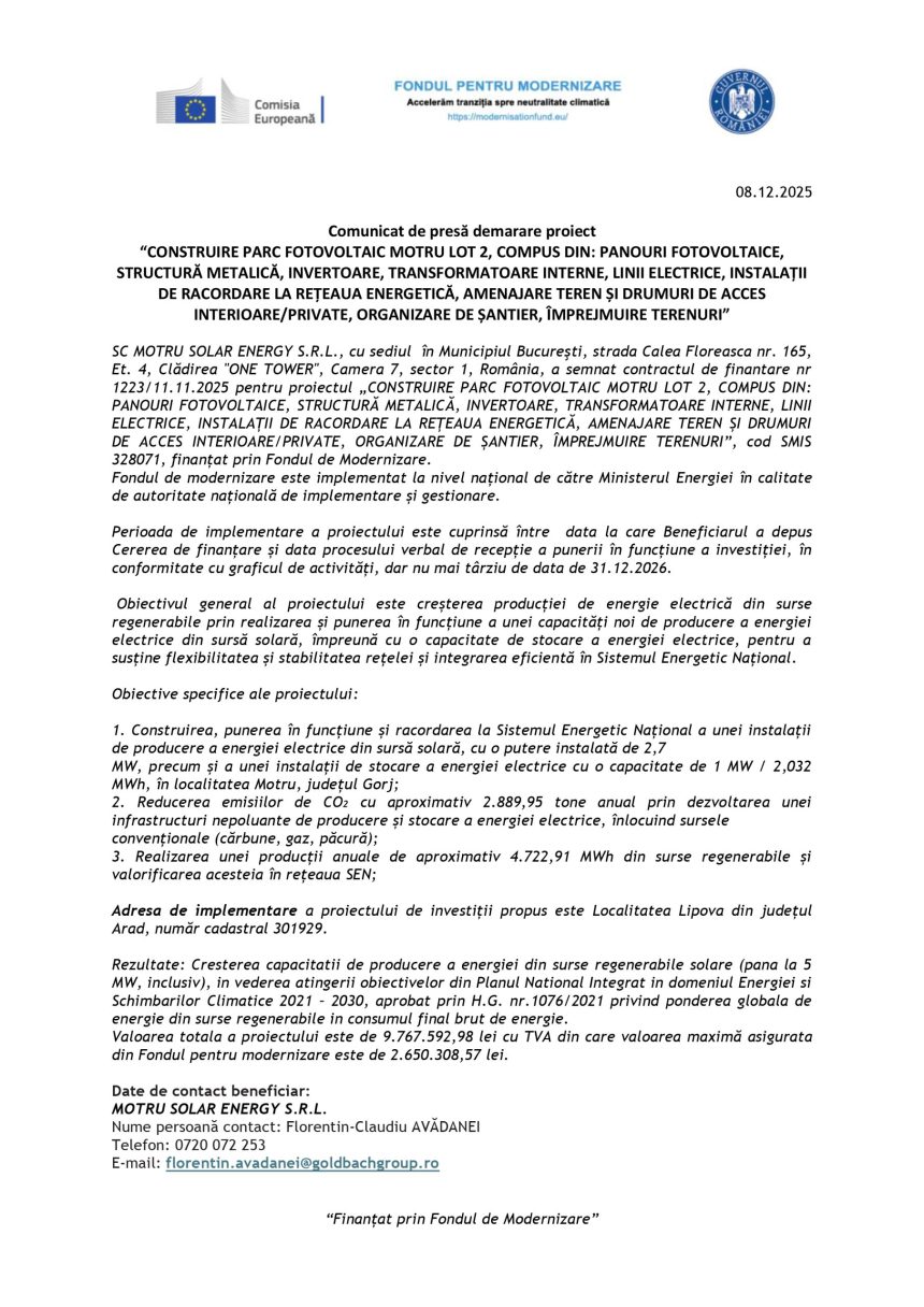 Comunicat presă MOTRU - Comunicat de presă SC MOTRU SOLAR ENERGY S.R.L.