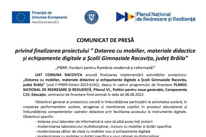 COMUNA RACOVIȚA - Comunicat de presă UAT COMUNA RACOVIȚA