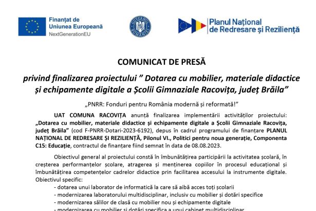 COMUNA RACOVIȚA - Comunicat de presă UAT COMUNA RACOVIȚA
