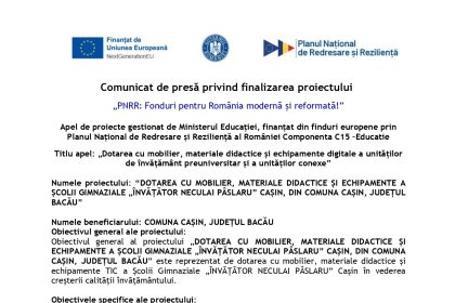 Comunicat presă privind - Comunicat de presă privind finalizarea proiectului COMUNA CAȘIN, JUDEȚUL BACĂU