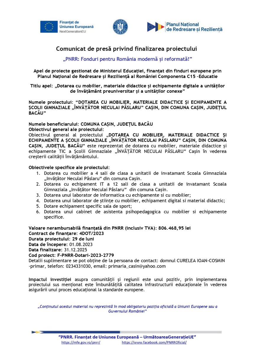 Comunicat presă privind - Comunicat de presă privind finalizarea proiectului COMUNA CAȘIN, JUDEȚUL BACĂU
