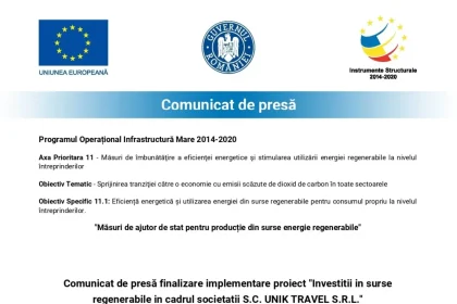 Comunicat presă finalizare - Comunicat de presă finalizare implementare proiect "Investitii in surse regenerabile in cad...