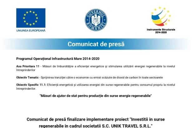 Comunicat presă finalizare - Comunicat de presă finalizare implementare proiect "Investitii in surse regenerabile in cad...