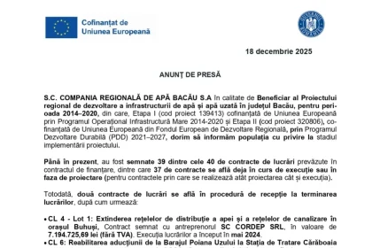 ANUNŢ PRESĂ S.C - ANUNŢ DE PRESĂ S.C. COMPANIA REGIONALĂ DE APĂ BACĂU S.A