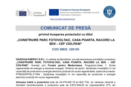 COMUNICAT PRESĂ privind - COMUNICAT DE PRESĂ privind începerea proiectului cu titlul „CONSTRUIRE PARC FOTOVOLTAIC, CA...