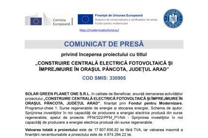Comunicat presă SOLAR - Comunicat de presă SOLAR GREEN PLANET ONE SRL