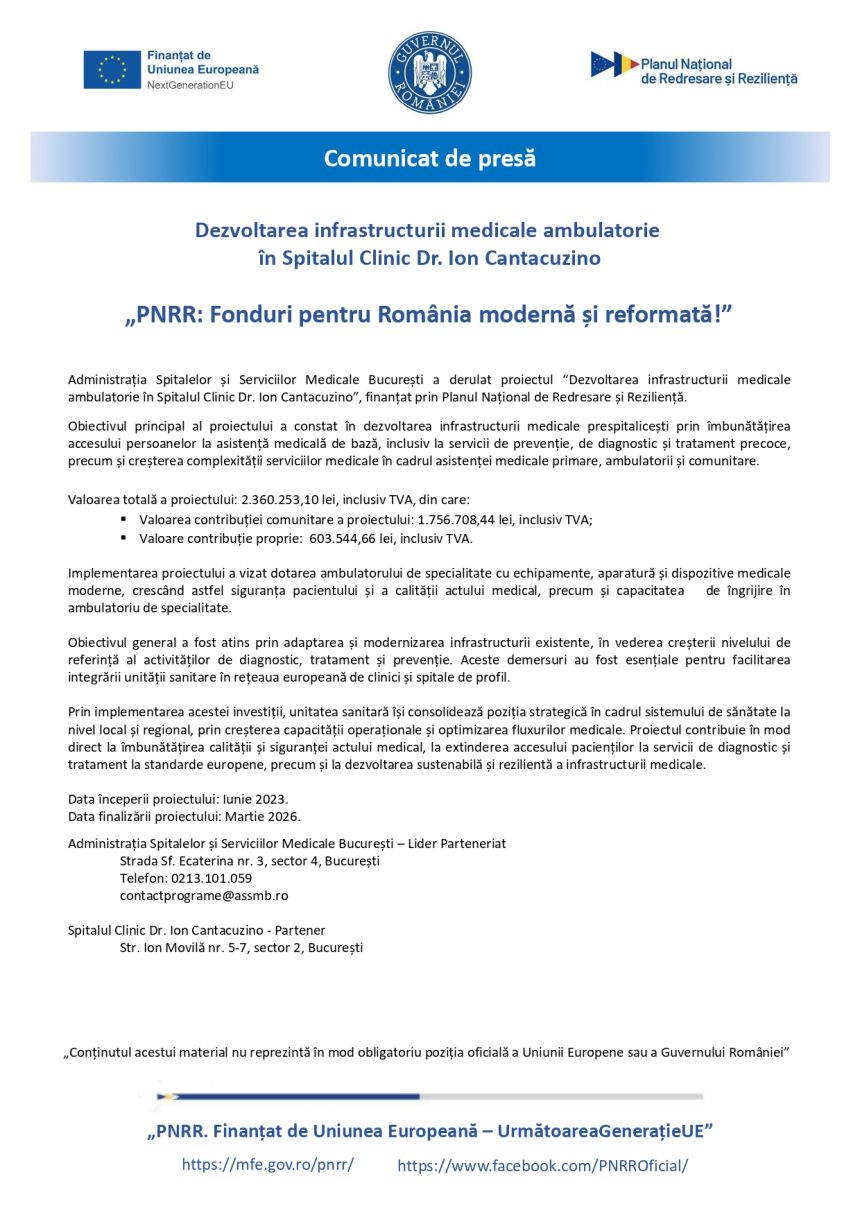 Comunicat de presă Dezvoltarea infrastructurii medicale ambulatorie în Spitalul Clinic Dr. Ion Cantacuzino 1 Cantacuzino page 0001 Spitalul Clinic Dr. Ion Cantacuzino