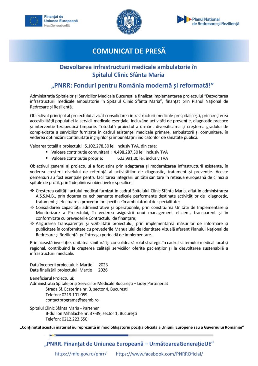 Comunicat de presă Dezvoltarea infrastructurii medicale ambulatorie în Spitalul Clinic Sfânta Maria 1 Comunicat de Presa Sf Maria 2026 Spitalul Clinic Sfânta Maria