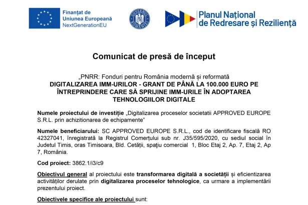 Comunicat de presa APPROVED EUROPE S.R.L APPROVED EUROPE S.R.L.