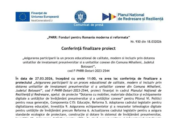 Comunicat de presa Comuna Mihaileni Comuna Mihaileni