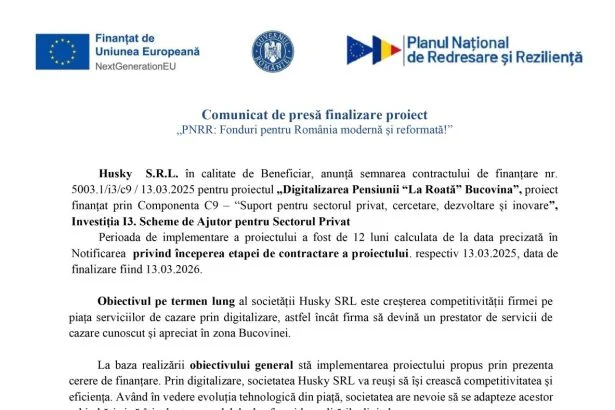 Comunicat de presa Husky S.R.L Husky S.R.L.