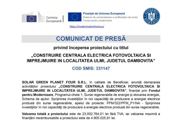 Comunicat de presa SOLAR GREEN PLANET FOUR S.R.L SOLAR GREEN PLANET FOUR S.R.L.