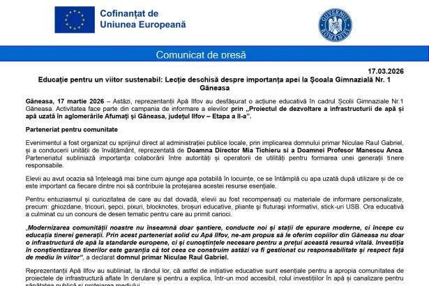 Comunicat de presa Scoala Gimnaziala Nr. 1 Ganeasa Școala Gimnazială Nr. 1 Găneasa
