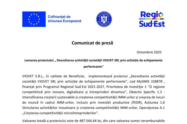 Comunicat de presa VIOVET SRL VIOVET S.R.L.